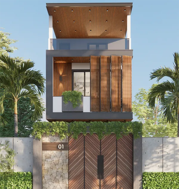 Mặt tiền nhà phố 3 tầng hệ lam gỗ hiện đại tại Bình Sơn