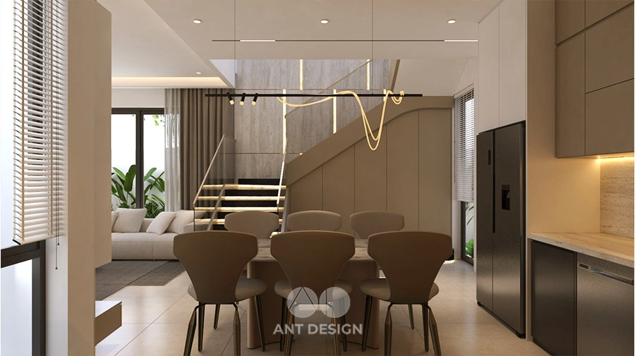 Bộ bàn ăn hiện đại dưới đèn thả trần nghệ thuật