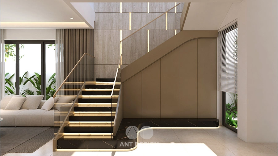 Cầu thang đá đen với đèn led chân cầu thang đẹp mắt