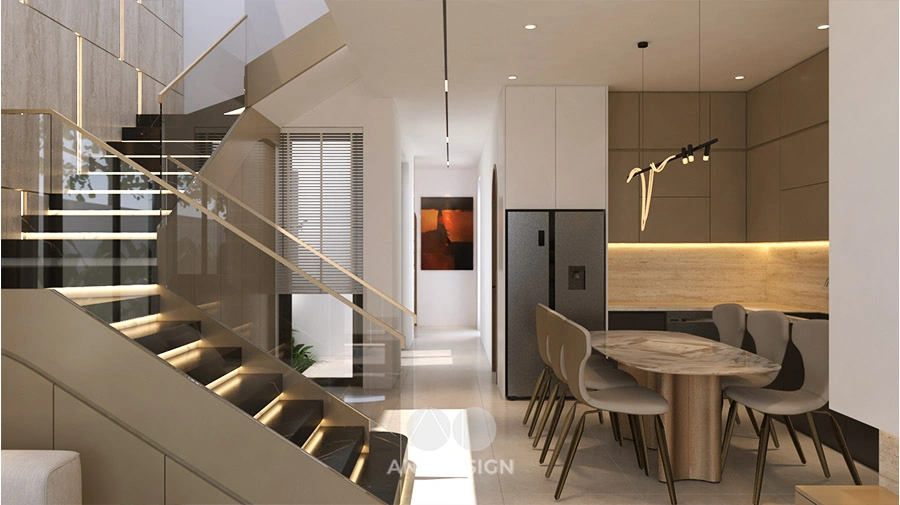 Góc nhìn từ bếp ra phòng khách nhà phố hiện đại