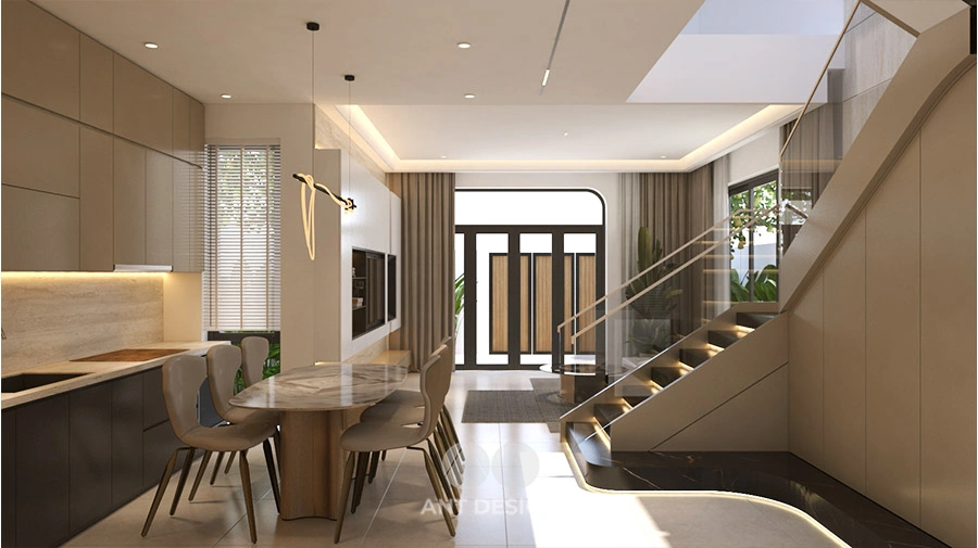 Không gian bếp ăn liên thông phòng khách tiện nghi