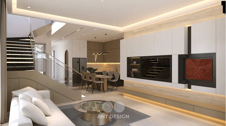 Không gian phòng khách thông tầng với cầu thang kính