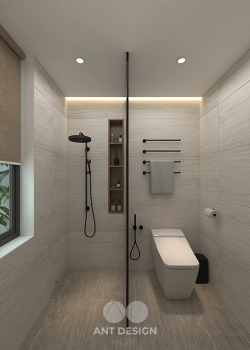 Nội thất nhà vệ sinh ốp gạch vân đá sạch sẽ