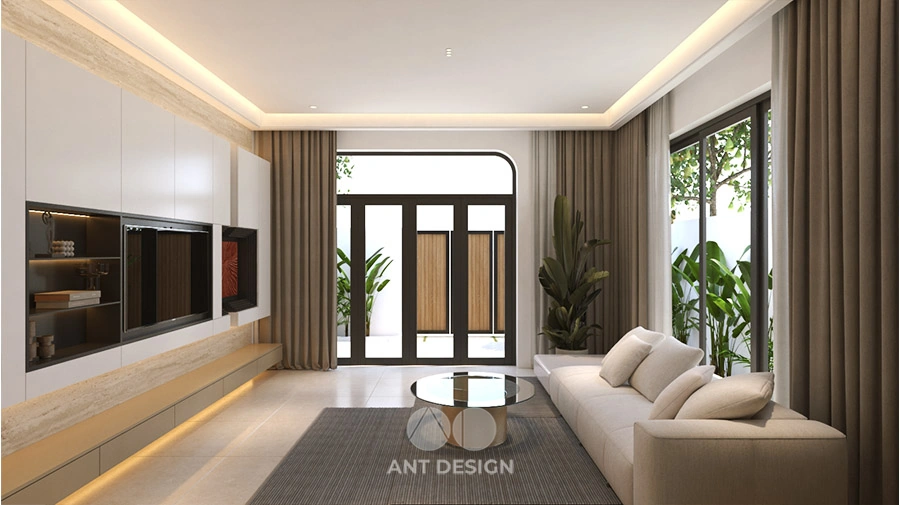 Sofa phòng khách nhà phố view sân vườn thoáng đãng