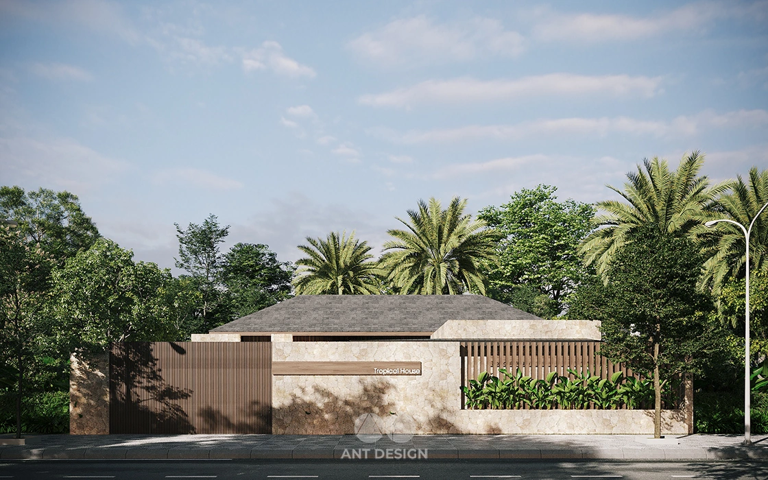 Mặt tiền nhà vườn tropical house ốp đá ong tự nhiên