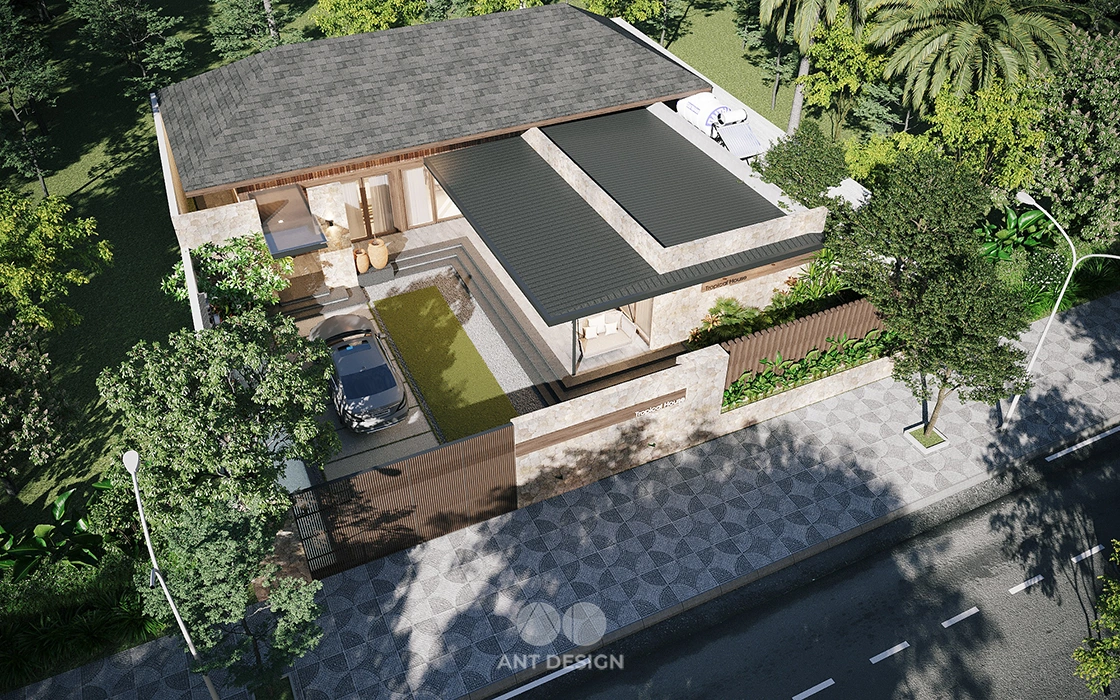 Phối cảnh từ trên cao nhà vườn mái ngói hiện đại