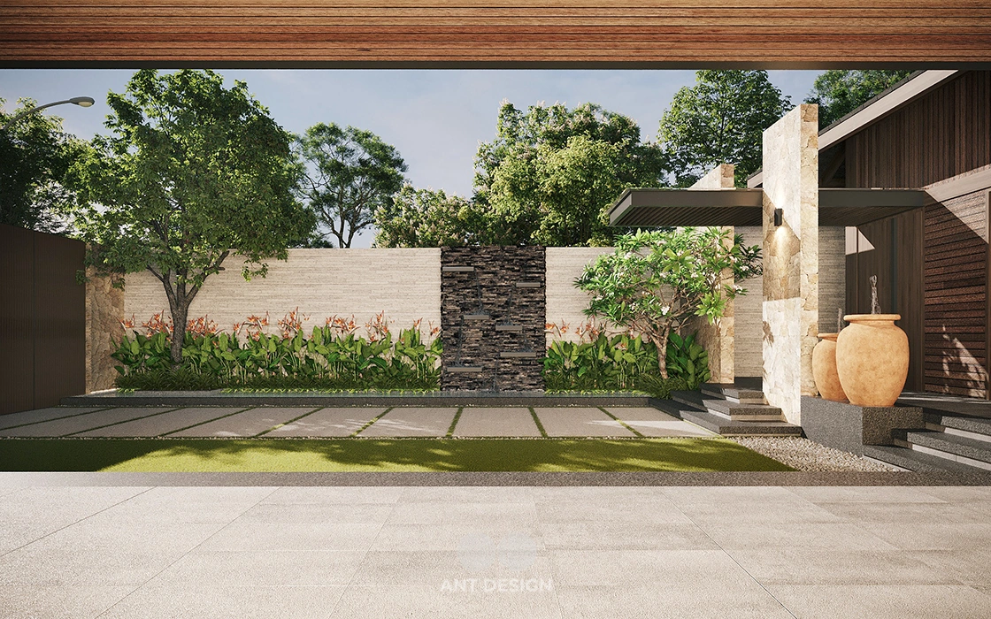 Tiểu cảnh tường nước chảy và sân cỏ lát đá