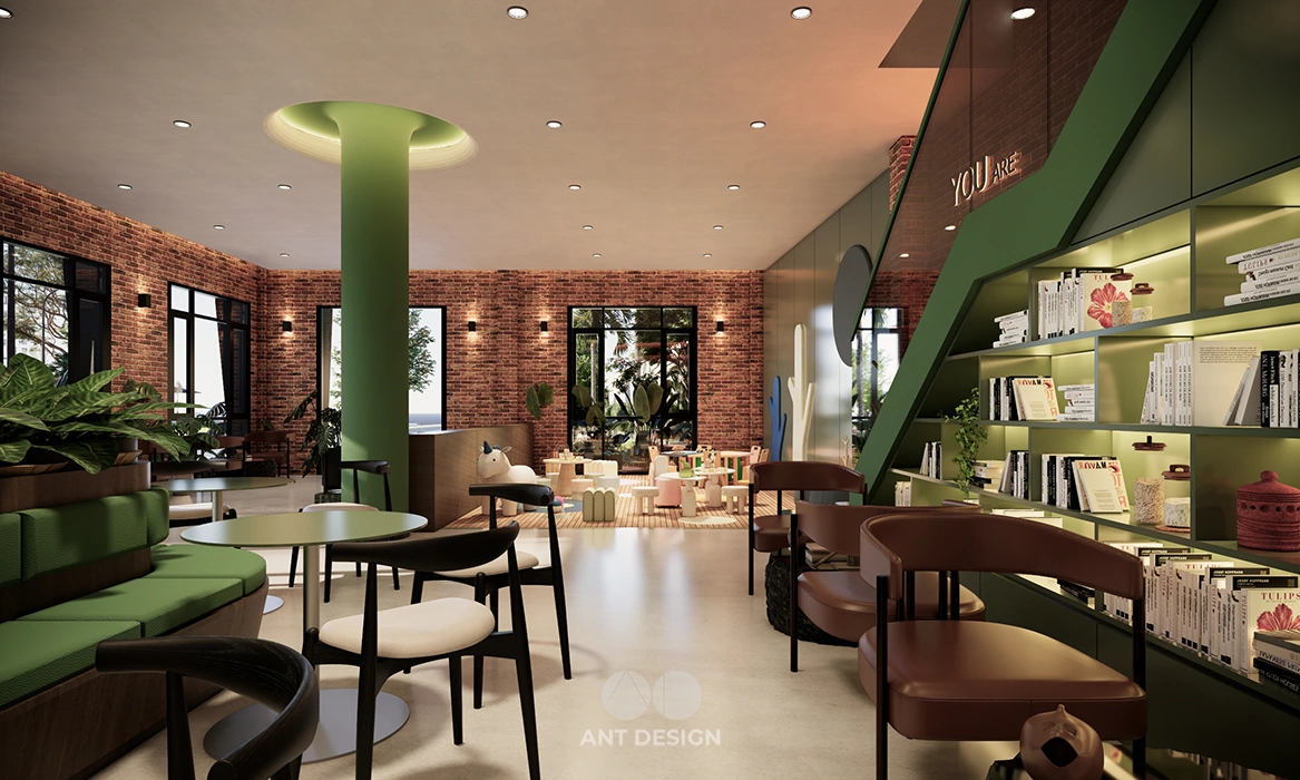 Góc ngồi uống cafe cạnh kệ sách và cầu thang