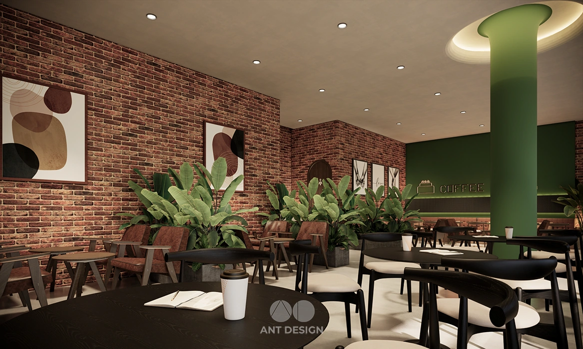 Khu vực ghế ngồi uống cafe tường gạch mộc cổ điển