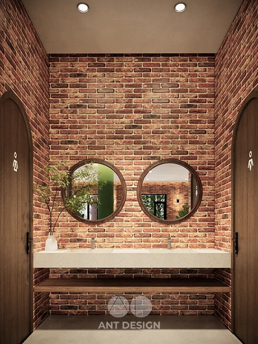 Khu vực lavabo đôi và gương tròn decor tường gạch