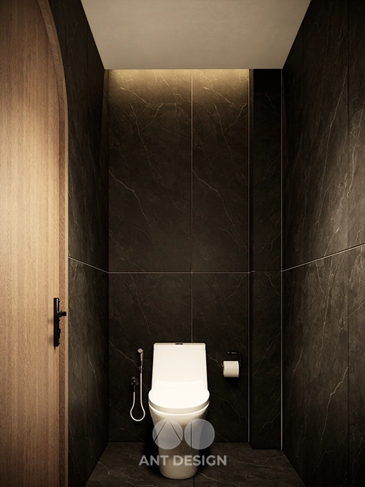 Nội thất phòng vệ sinh nhỏ gọn ốp đá tối màu