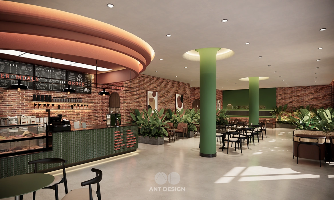 Nội thất quán cafe không gian rộng cột tròn xanh mint