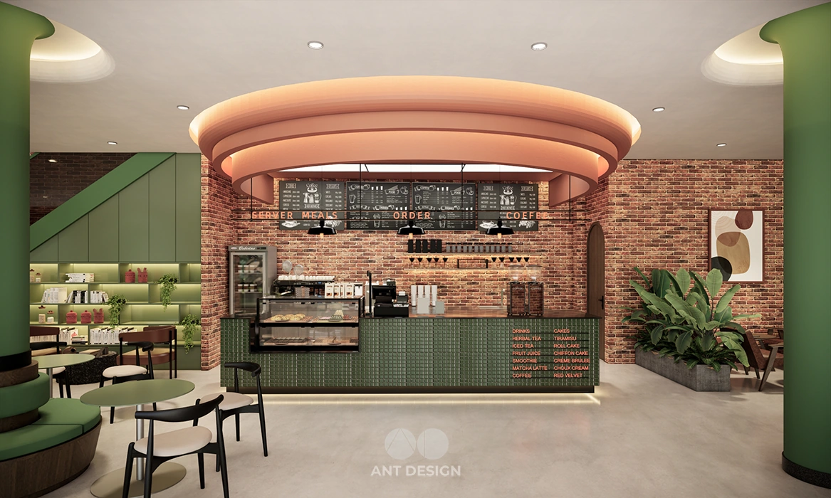 Quầy bar pha chế cafe thiết kế trần tròn độc đáo