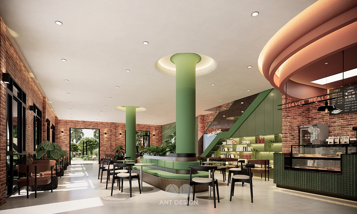 Thiết kế cầu thang và kệ sách trang trí quán cafe