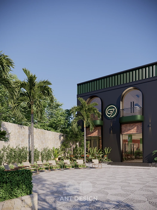 Thiết kế quán cafe bida góc nhìn tổng thể từ bên ngoài