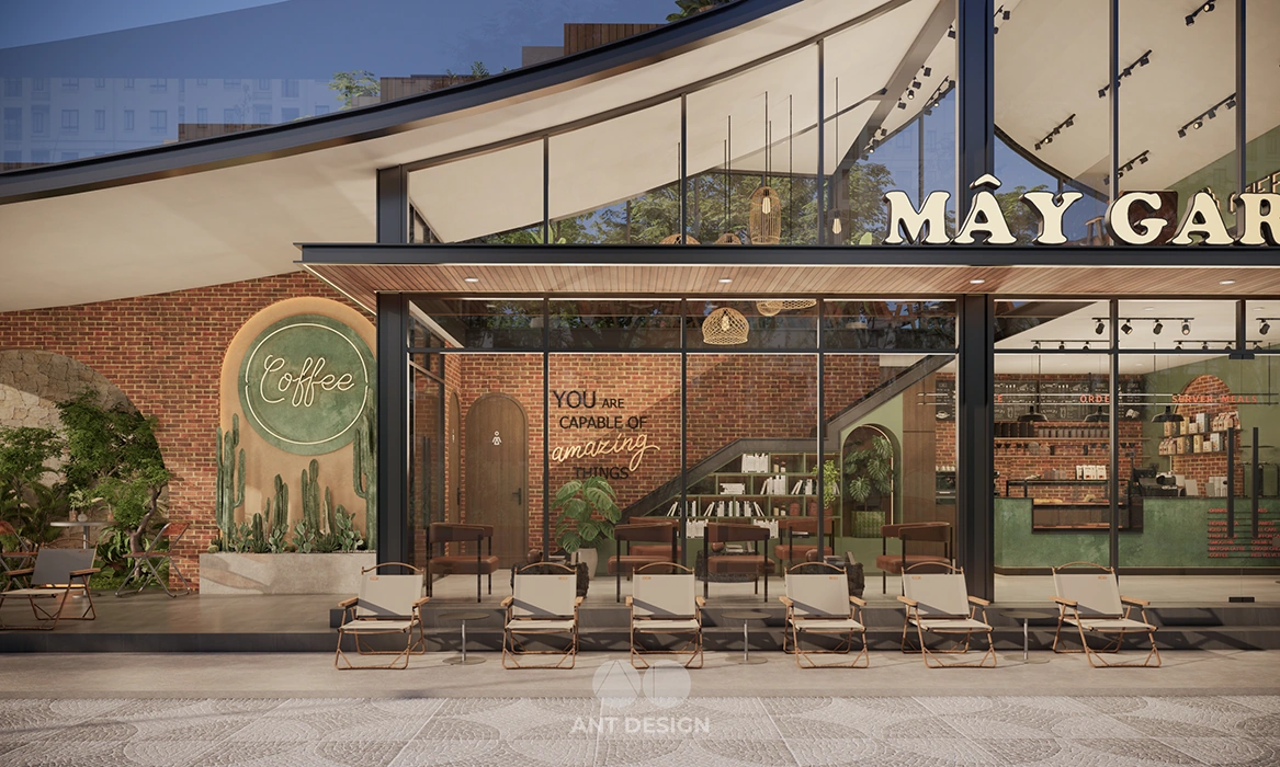 Cổng chào và biển hiệu quán cafe ấn tượng