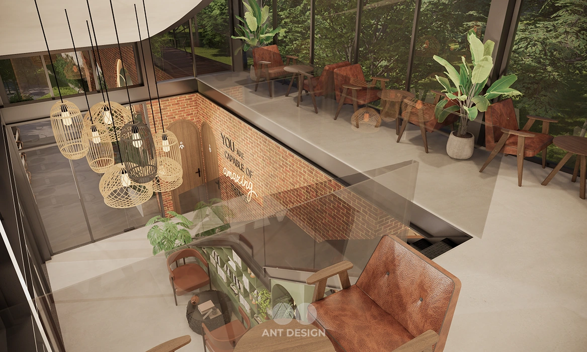 Góc nhìn từ tầng lửng xuống không gian quán cafe