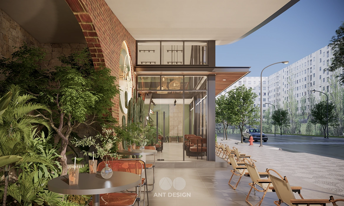 Hành lang cafe mái hiên rộng rãi thư giãn