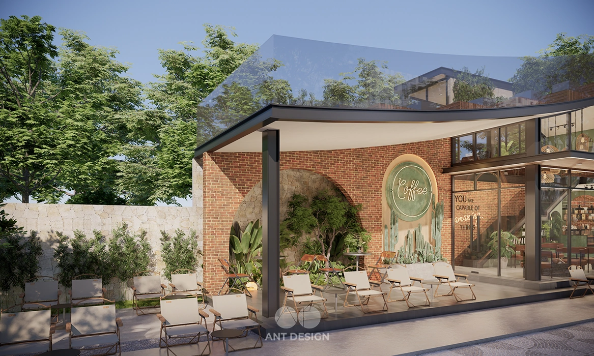 Không gian cafe sân vườn ngoài trời nhiều cây xanh