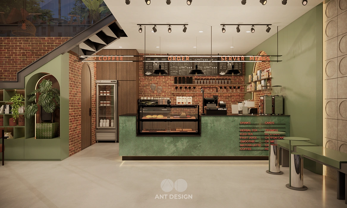 Không gian quầy order cafe gạch thẻ mộc ấn tượng