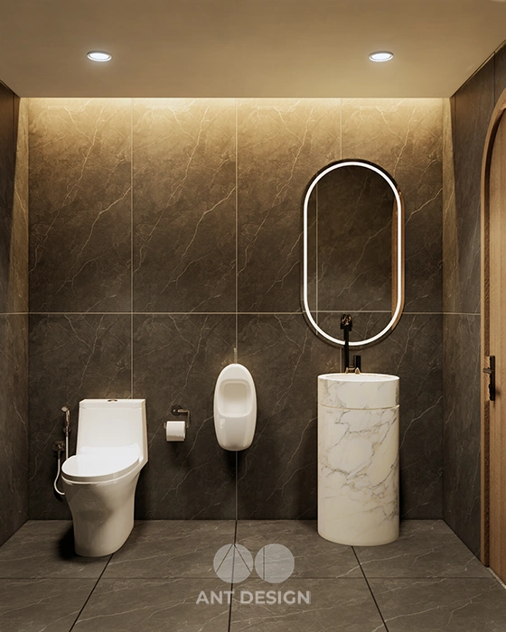 Nội thất nhà vệ sinh nam quán cafe gạch vân đá