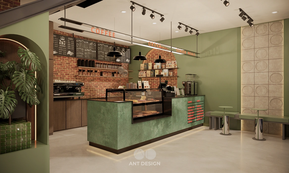 Quầy bar pha chế cafe tông xanh mint hiện đại