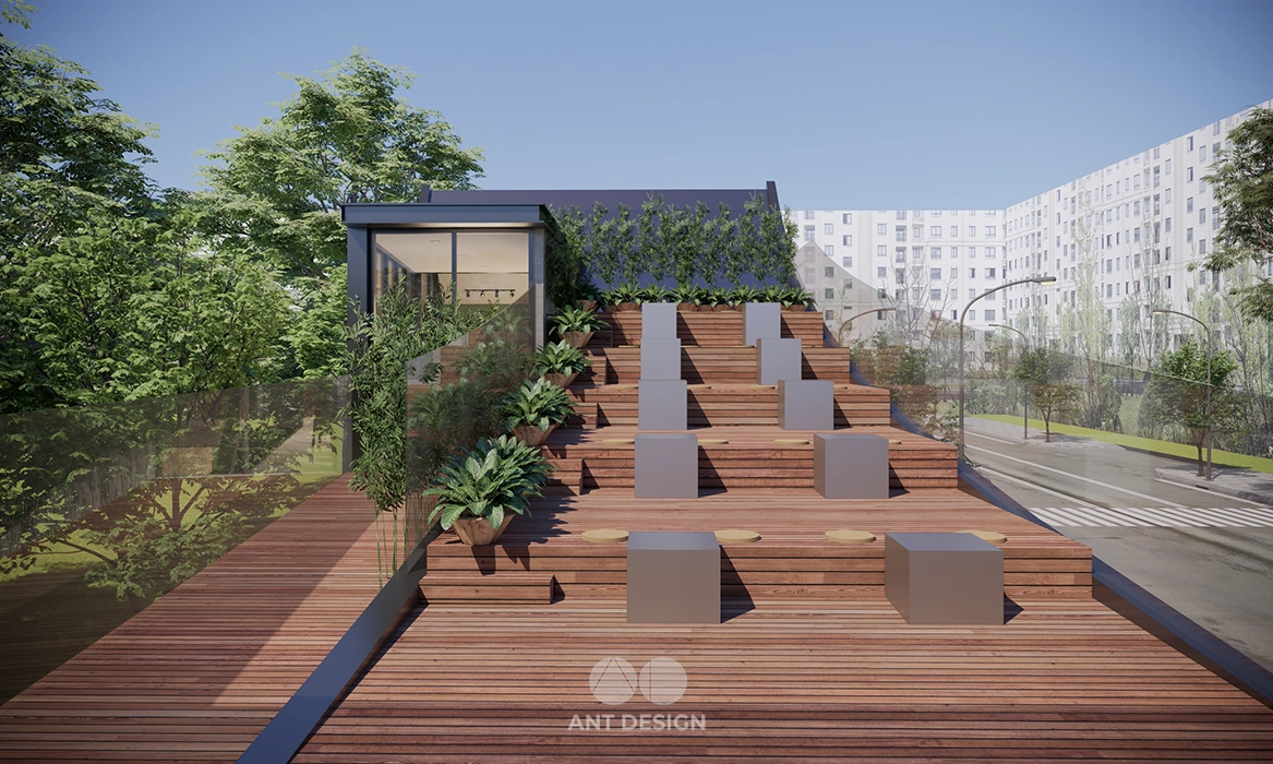 Thiết kế bậc thang gỗ sân thượng cafe ngoài trời