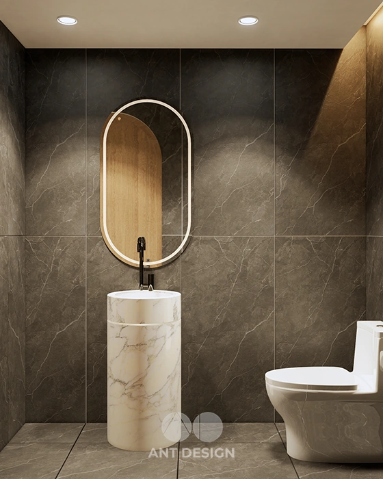 Thiết kế nhà vệ sinh cafe lavabo trụ đá sang trọng