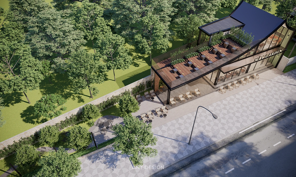 Tổng thể mặt bằng quán cafe sân vườn từ trên cao