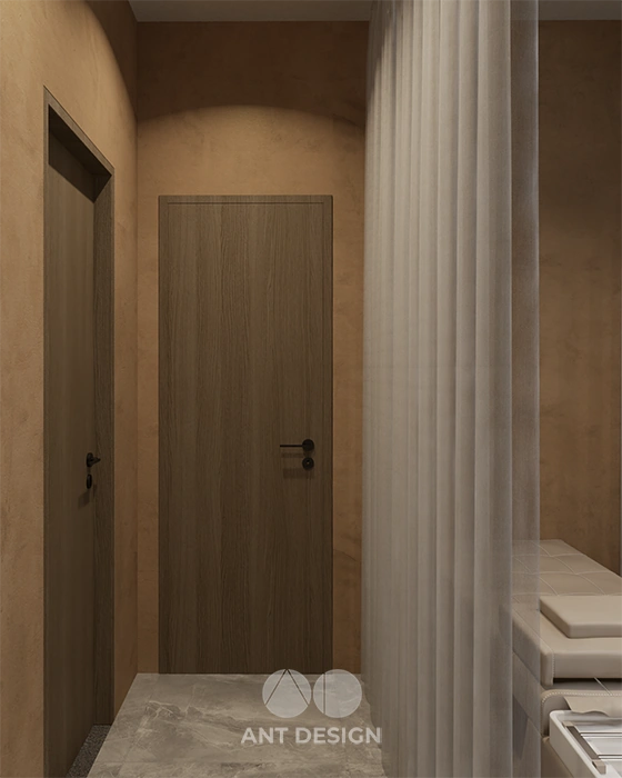 Cửa gỗ và rèm ngăn cách khu vực riêng tư