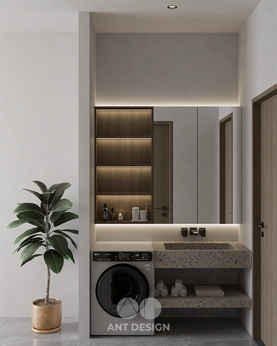 Khu vực giặt sấy và lavabo đá terrazzo tiện dụng