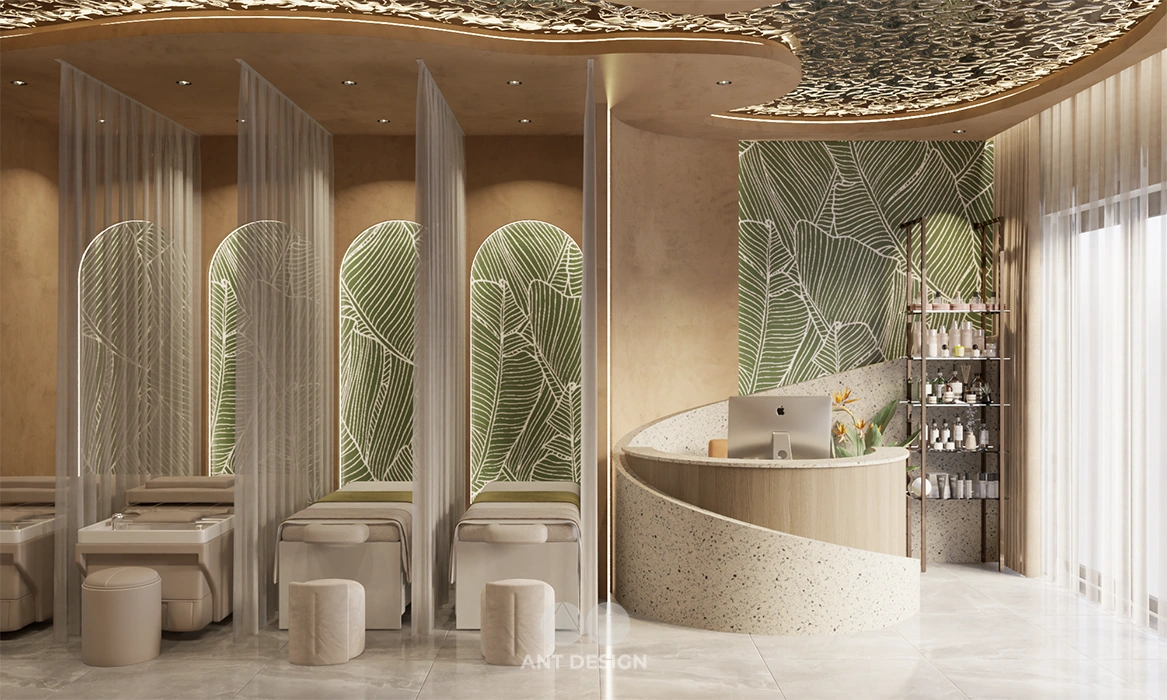 Khu vực giường massage và gội đầu thiết kế xanh