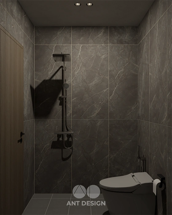 Phòng tắm wc dùng gạch vân đá tối màu sạch sẽ