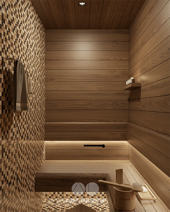 Phòng xông hơi spa hoàng hà chi tiết gỗ thông