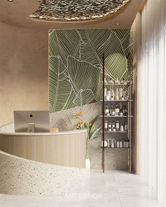 Quầy lễ tân đá mài terrazzo uốn lượn