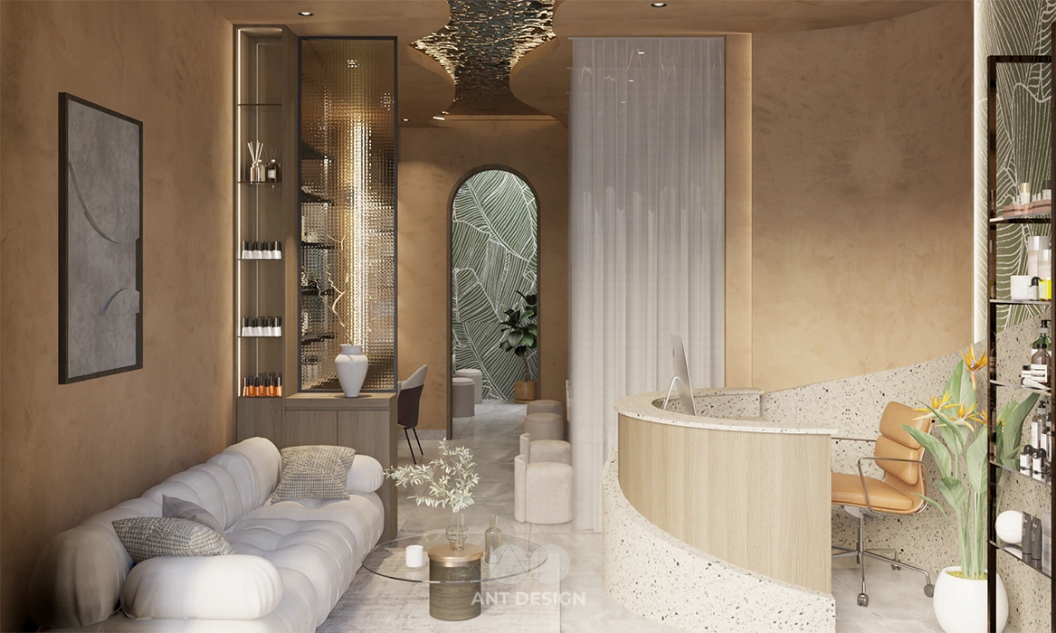 Sảnh chờ spa tông màu be cam đất ấm cúng