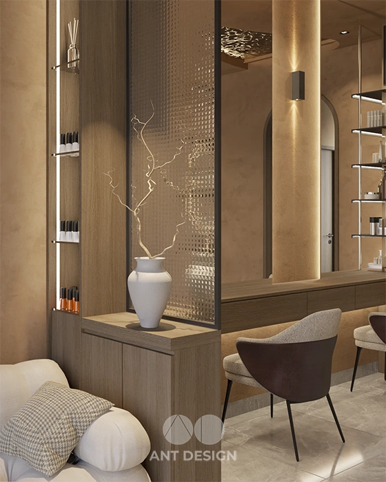 Vách ngăn kính hoa văn khu vực trang điểm