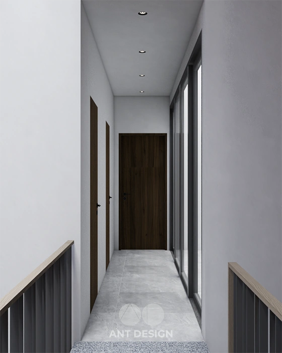 Hành lang giao thông tầng 2 thông thoáng cửa gỗ