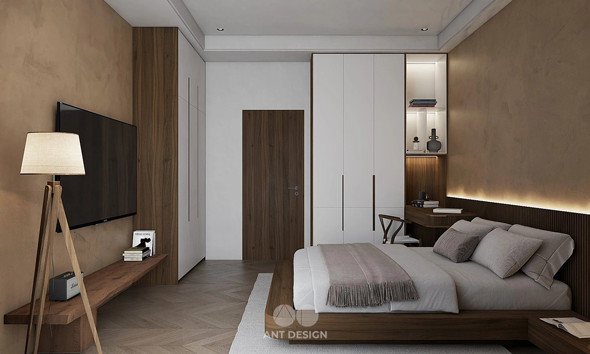 Hệ tủ áo cánh kính và kệ tivi phòng ngủ 1 hiện đại