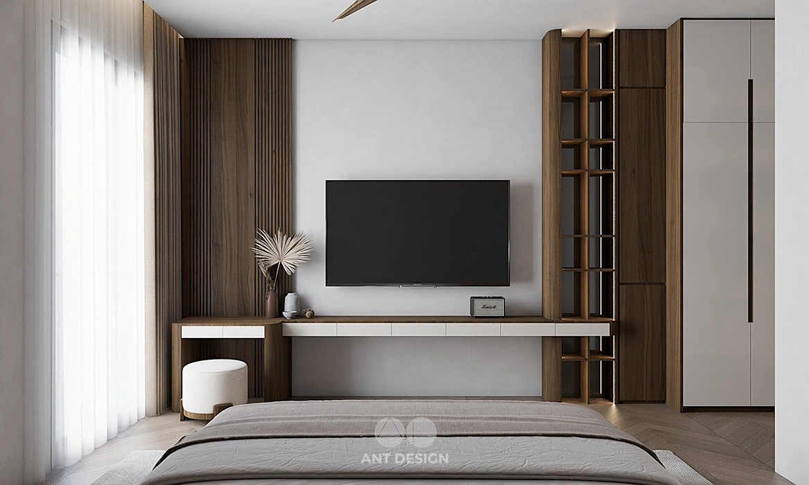 Kệ tivi treo tường phòng ngủ master kết hợp bàn trang điểm