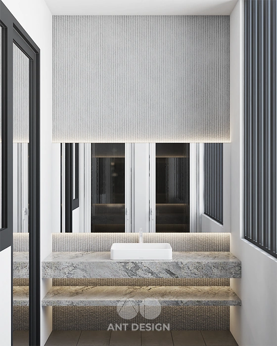 Khu vực lavabo bàn đá mài terrazzo gương led sang trọng