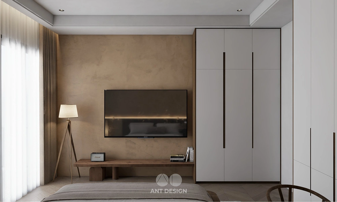 Phòng ngủ 1 vách tivi và bàn làm việc tối giản