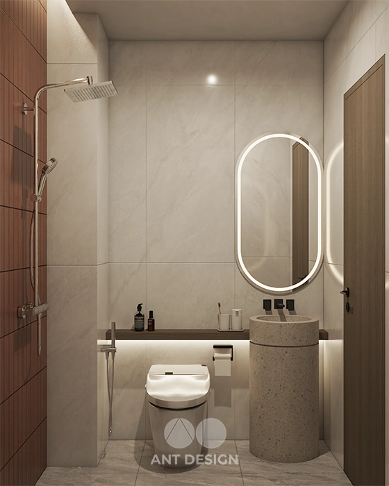 Thiết kế nhà vệ sinh hiện đại với lavabo trụ tròn độc đáo