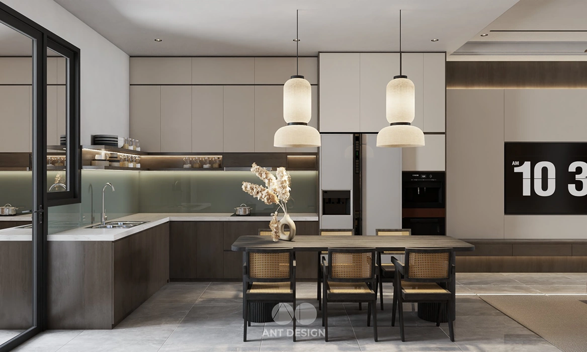 Thiết kế phòng bếp và bàn ăn hiện đại gam màu ấm cúng