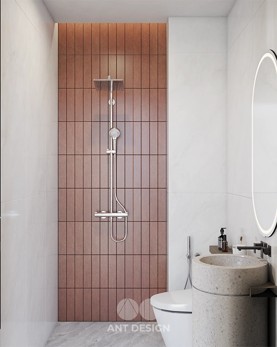 Thiết kế phòng tắm nhỏ gạch thẻ màu đỏ đất nung ấn tượng