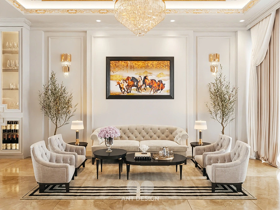 Bố trí nội thất phòng khách đối xứng tinh tế