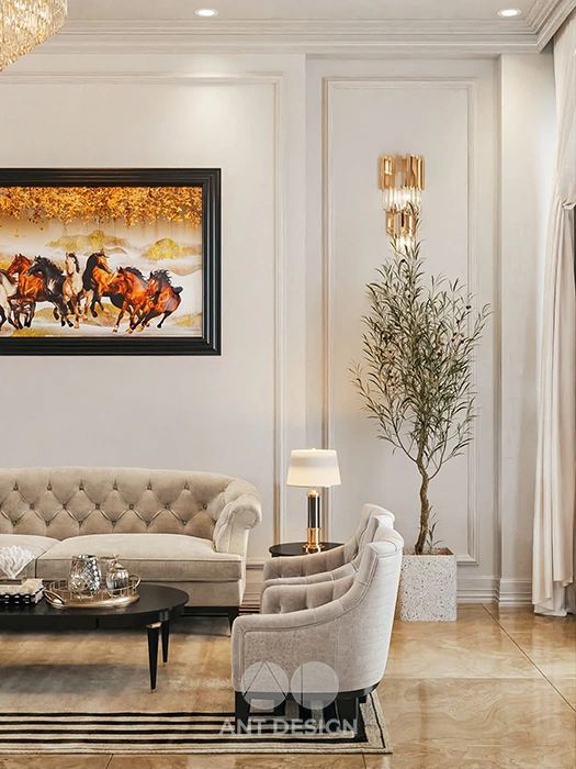 Chi tiết ghế sofa nhung và bàn trà mạ vàng cao cấp