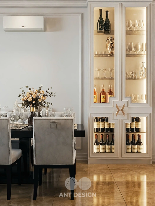 Chi tiết tủ rượu âm tường cánh kính đèn led hiện đại