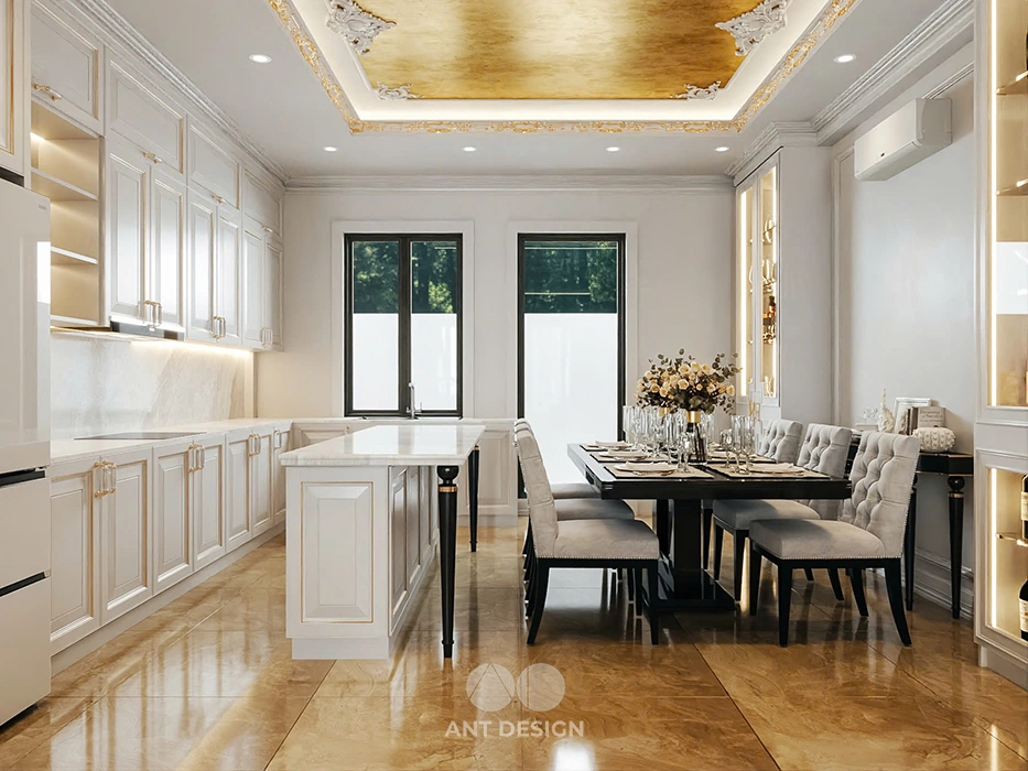 Không gian bếp nấu tiện nghi với hệ tủ bếp trắng sang trọng