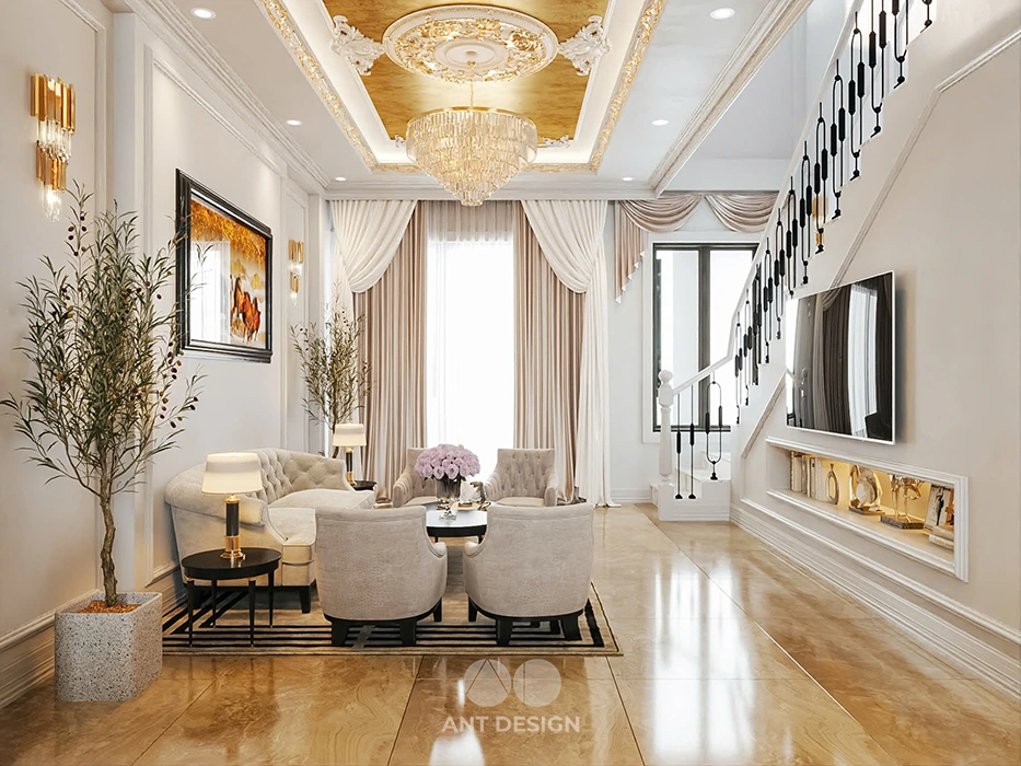 Nội thất phòng khách ốp trần dát vàng hoa văn cổ điển